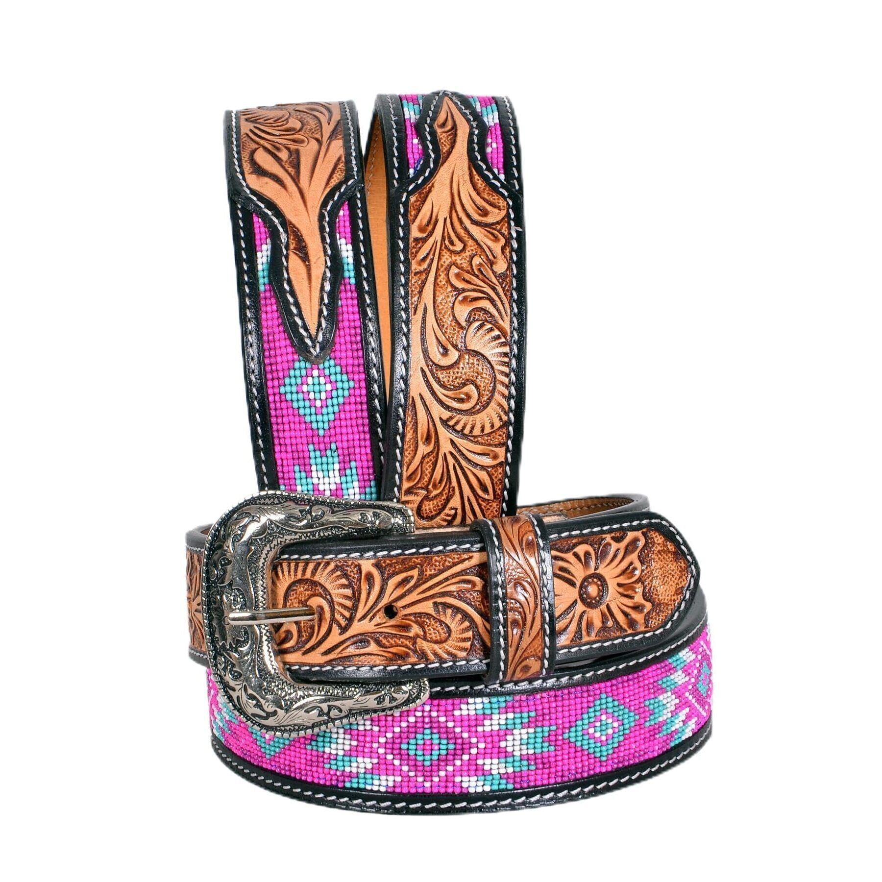 7396 Western Tooled Leather Beaded Belt For Men And Women